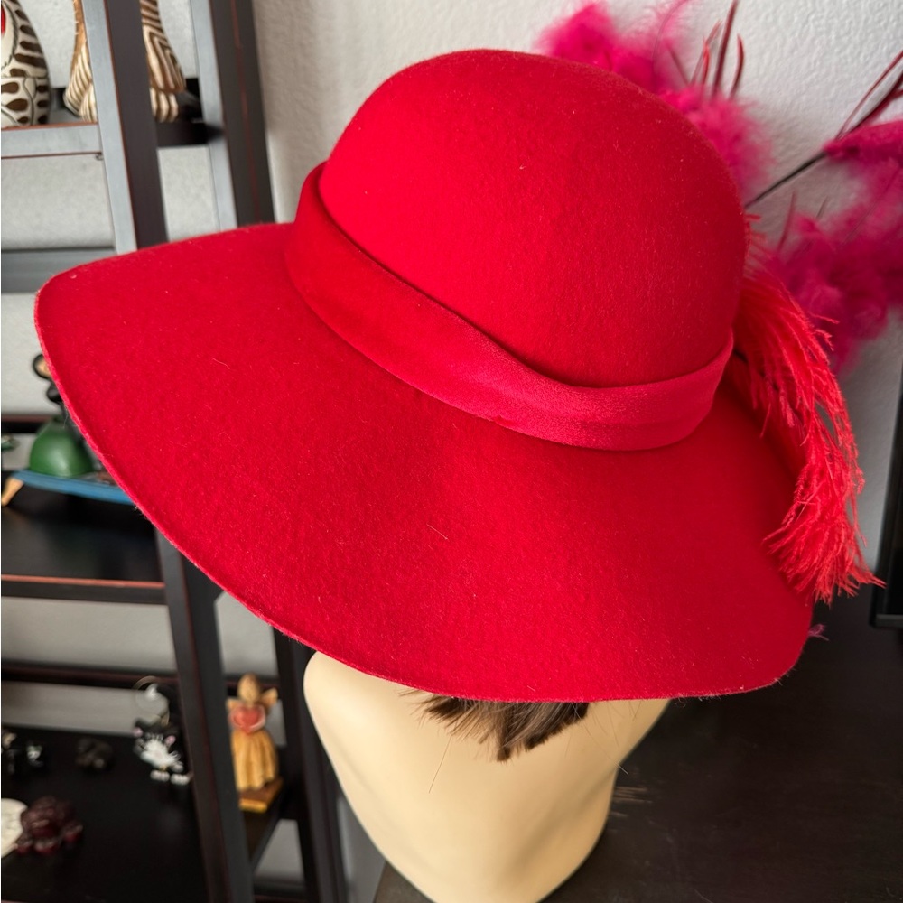 Red Wool Hat with Purple Flower and Feather - Picture 5 of 11